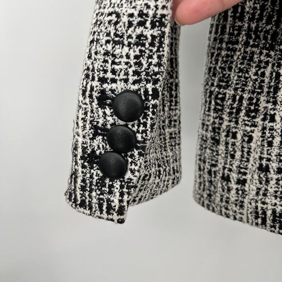 Karl Lagerfeld Paris Womens 0 Tweed Faux Leather Trim One-Button Blazer Black - Picture 10 of 12